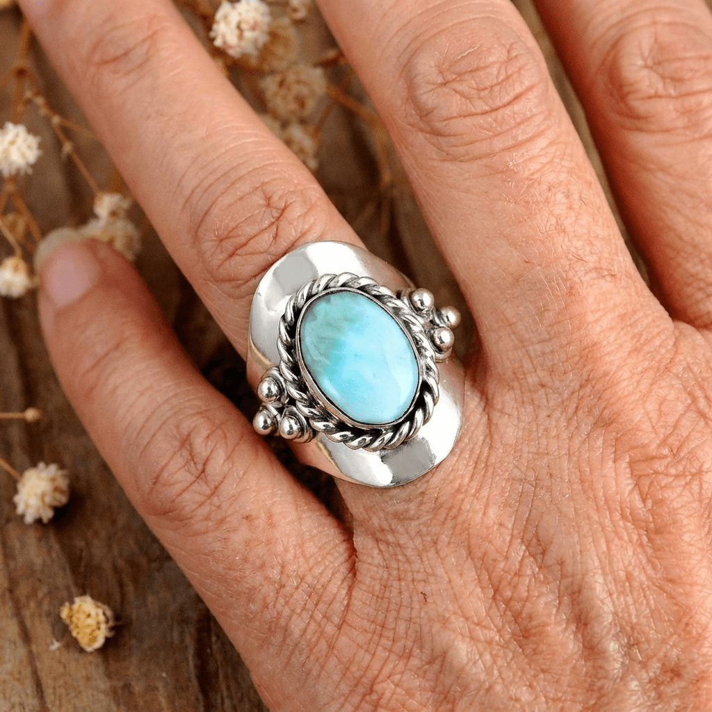 Vintage Style Oval Larimar Silver Boho Ring