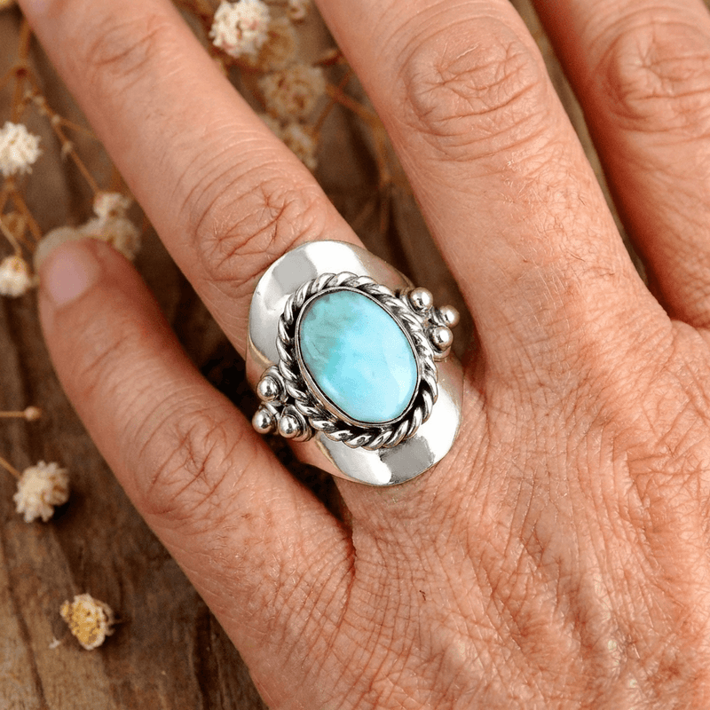 Vintage Style Oval Larimar Silver Boho Ring