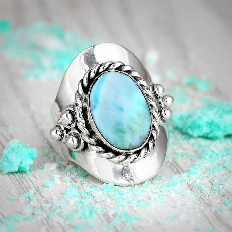 Vintage Style Oval Larimar Silver Boho Ring
