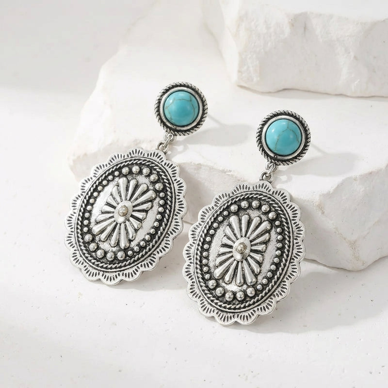 Western Boho Silver Plated Turquoise Concho Drop Earrings